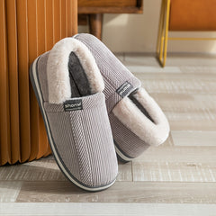 Men's Cozy Fleece Striped Slippers Non-slip House Shoes