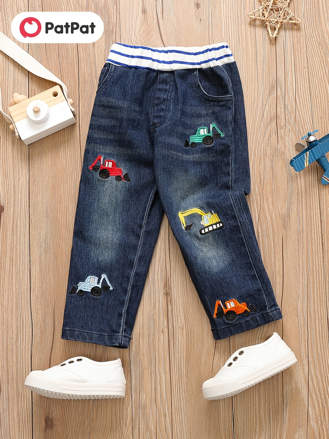 Boys Excavator Embroidered Denim Pants - Spring/Autumn