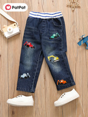 Boys Excavator Embroidered Denim Pants - Spring/Autumn