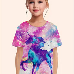 Girls Tie Dye Unicorn Print Short Sleeve T-shirt Summer Party Gift