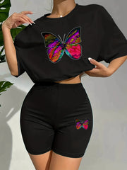 Butterfly Print Lounge Set Short Sleeve Crew Neck Top & Elastic Waistband Shorts