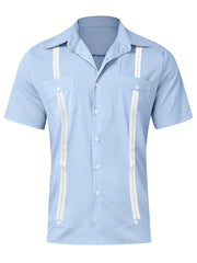 Stripe Print Men's Casual Camp Collar Cotton Short Sleeve Shirt
