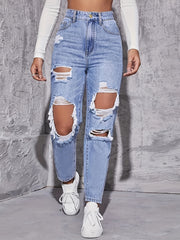 High Waist Distressed Denim Pants Women's Jeans