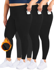 3 Pack Plus Size Casual Leggings Set Women's Plus Solid Liner Fleece Wideban...