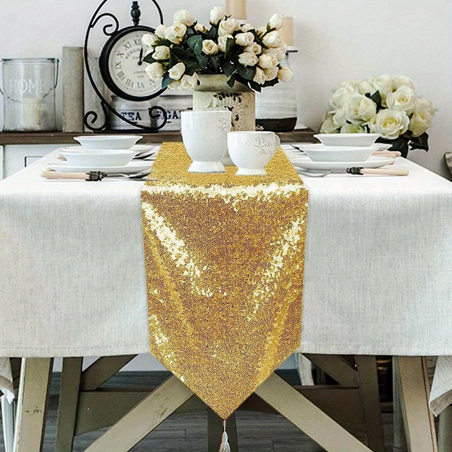 Polyester Table Runner Sequins Glitter Tassel Table Cover for Decor