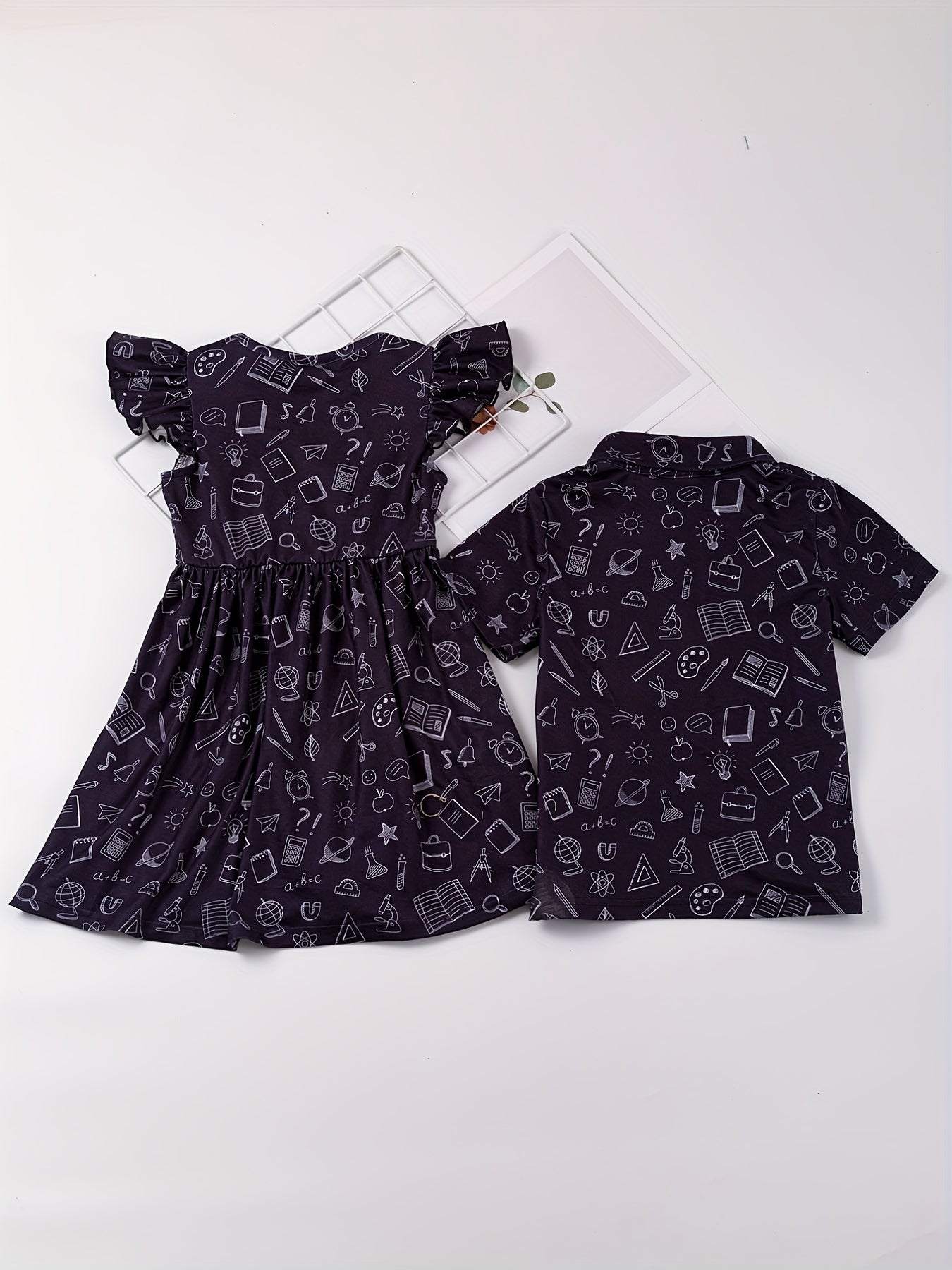 School Bus Print Dress and Polo Shirt Set for Siblings