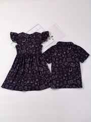 School Bus Print Dress and Polo Shirt Set for Siblings