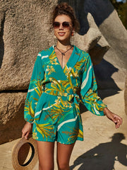 Floral Print Surplice Neck Romper Jumpsuit Long Sleeve Belted