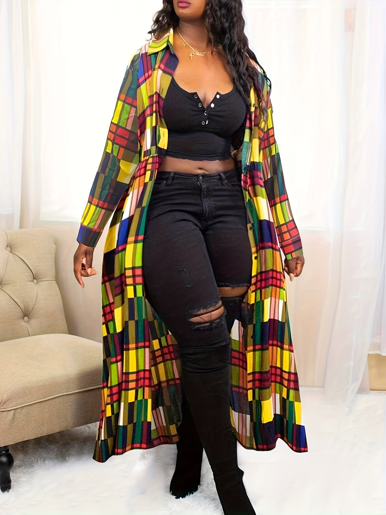 Plaid Print Long Sleeve Maxi Shirt Dress