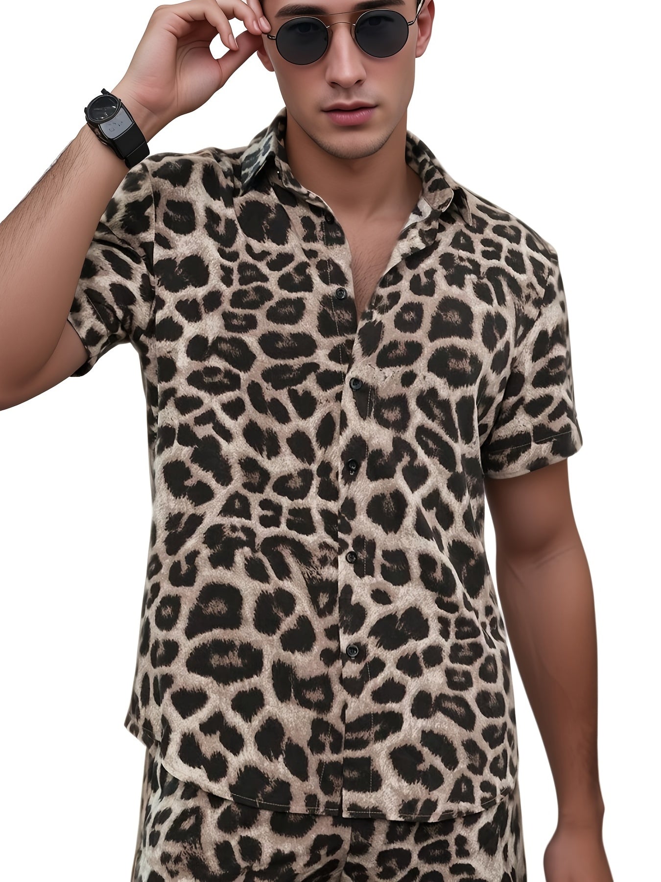 Leopard Print Men's 2Pcs Outfits Camp Collar Button Up Shirt & Shorts Set