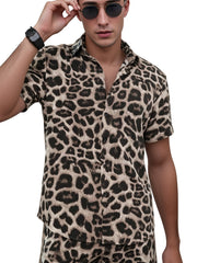 Leopard Print Men's 2Pcs Outfits Camp Collar Button Up Shirt & Shorts Set
