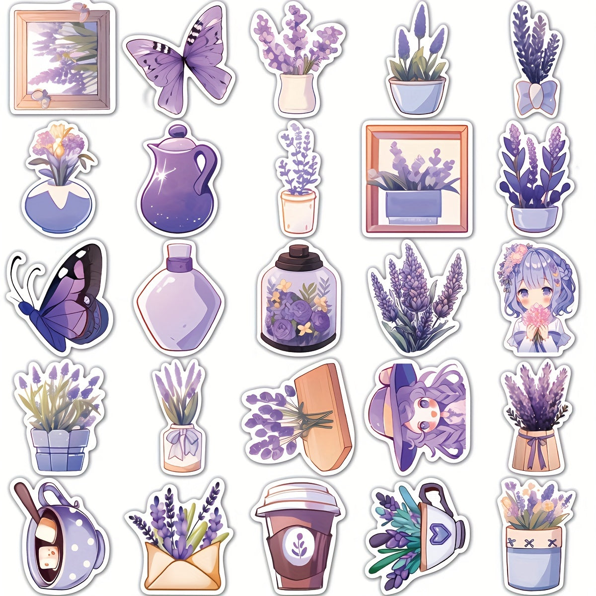 50pcs Lavender Cartoon Phone Case Stickers PVC Waterproof Self adhesive Stickers