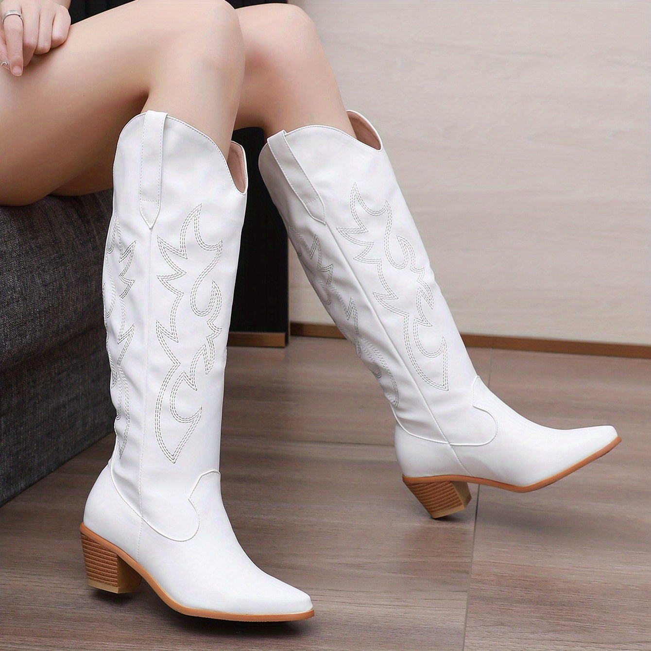 Embroidered Knee High Boots V cut Chunky Heeled Western Boots