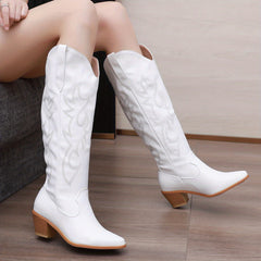 Embroidered Knee High Boots V cut Chunky Heeled Western Boots