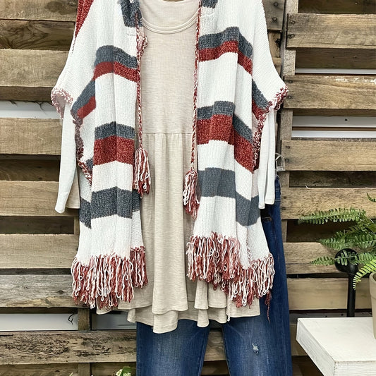 Colorblock Tassel Drawstring Fringe Trim Open Front Hoodie
