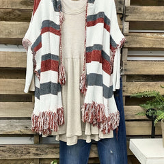 Colorblock Tassel Drawstring Fringe Trim Open Front Hoodie