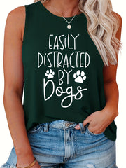 Women's Tank Top Slogan & Paws Print Round Neck Tank Top