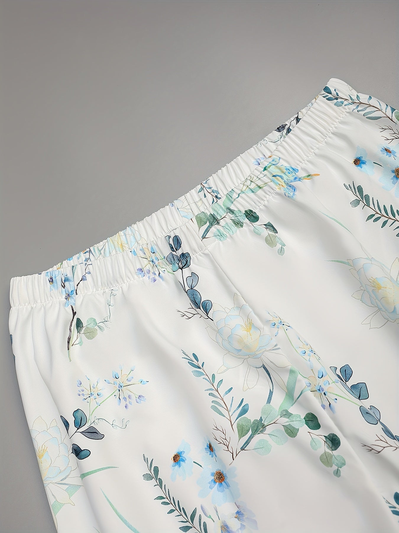 Floral Print Lounge Set Surplice Neck Top & Elastic Waist Pants