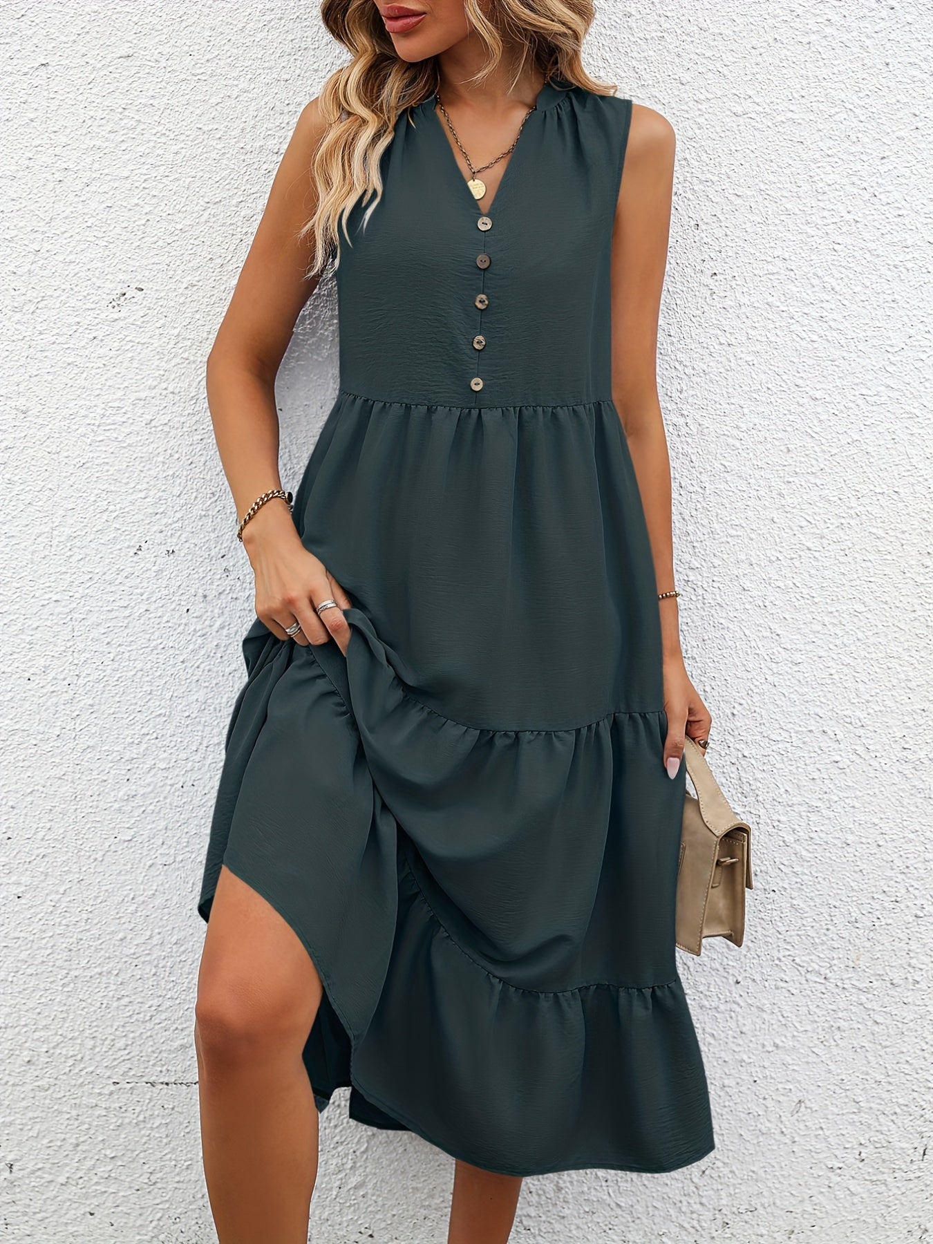 Summer Sleeveless Tiered Dress V Neck Loose Casual Dress