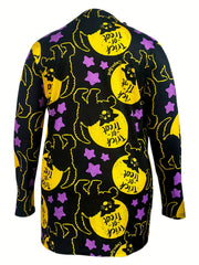 Pumpkin & Cat Print Cardigan, Long Sleeve Open Front
