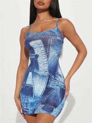 Patchwork Print Bodycon Dress Spaghetti Strap Mini Dress
