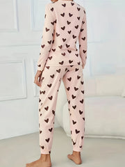 Heart Print Pajama Set Long Sleeve Top & Pants Women's Sleepwear