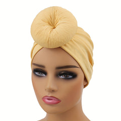 Donut Pre-Tied Turban Cap Head Wrap Bonnet Solid Elastic Beanie Head Scarf