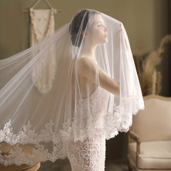 Double Layer Head Veil With Comb Floral Lace Edge Wedding Bridal Hair Accessorie