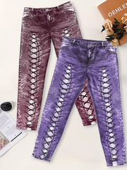 Girls 3D Denim Printed Leggings with Lace Up Design