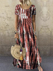 Tie Dye Striped Dress Short Sleeve Ankle Dress