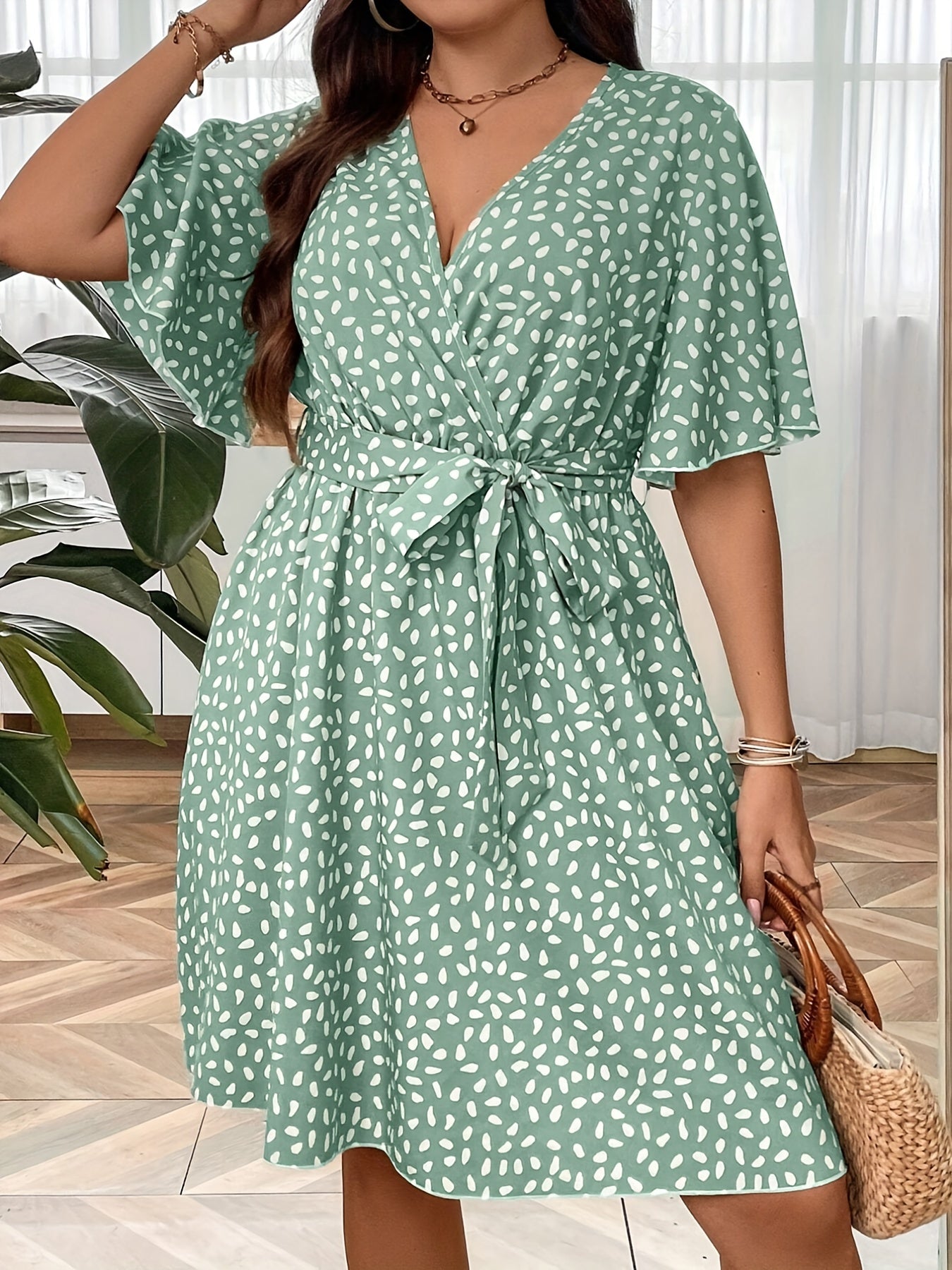 Ruffle Sleeve Surplice Neck Belted Knee Length Dress