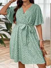 Ruffle Sleeve Surplice Neck Belted Knee Length Dress
