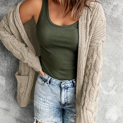 Solid Jacquard Long Sleeve Open Front Cardigan
