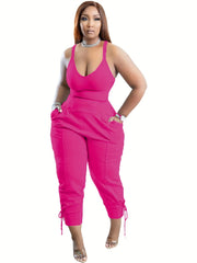 Solid Two-piece Set Cross Crop Tank Top & High Waist Pants
