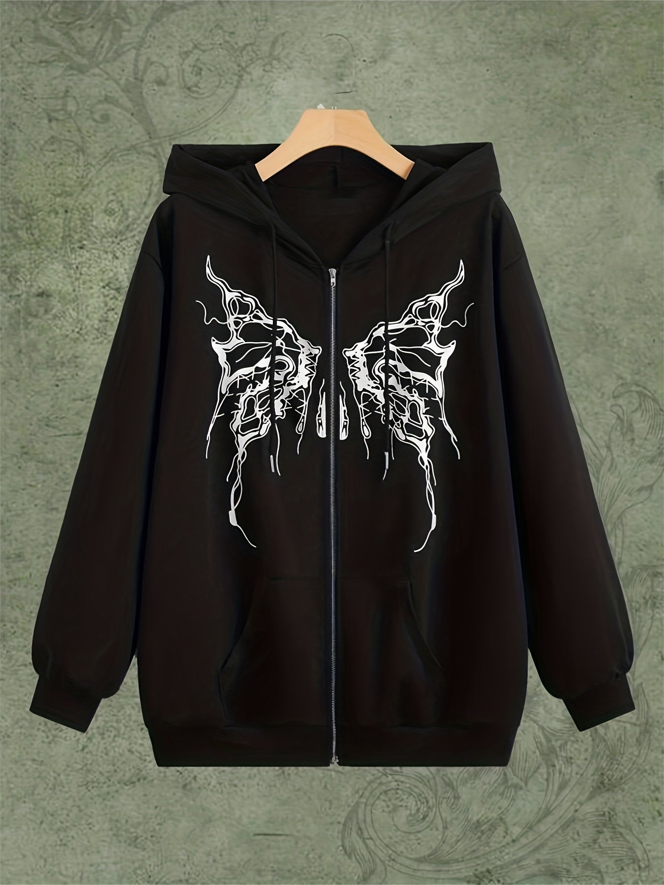 Skull Butterfly Print Zip Up Hoodie Long Sleeve Drawstring Hoodies