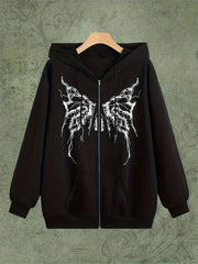 Skull Butterfly Print Zip Up Hoodie Long Sleeve Drawstring Hoodies