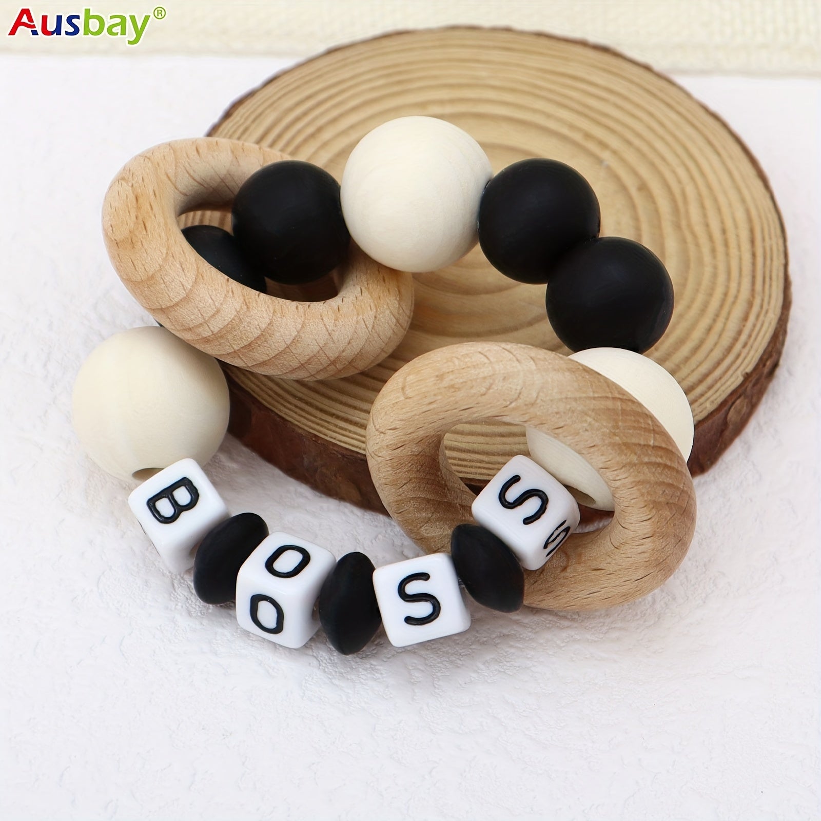 Personalized Wooden Teether Ring with Silicone Beads