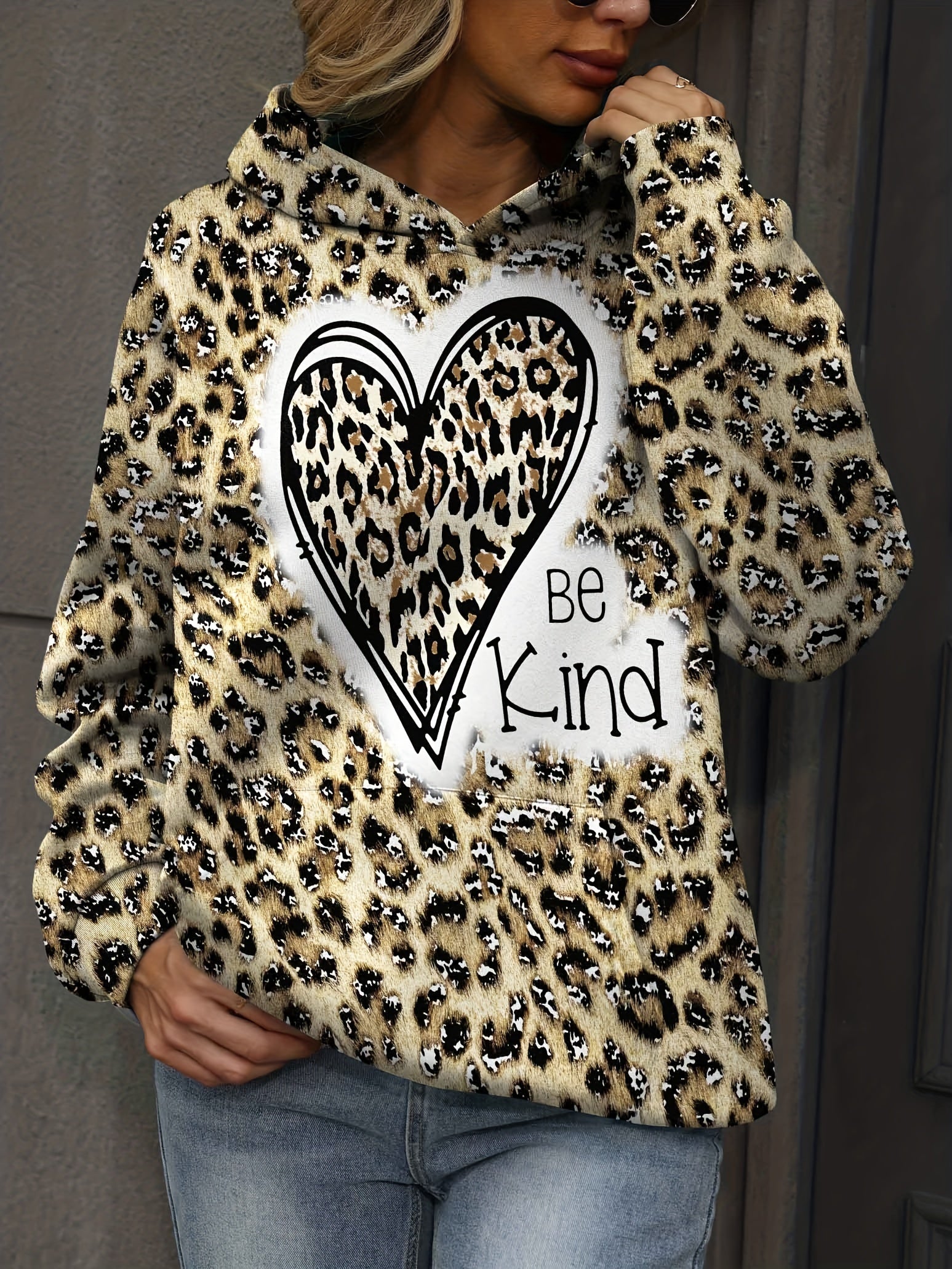 Heart & Leopard Print Hoodie with Kangaroo Pocket