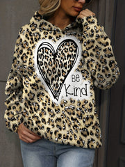 Heart & Leopard Print Hoodie with Kangaroo Pocket