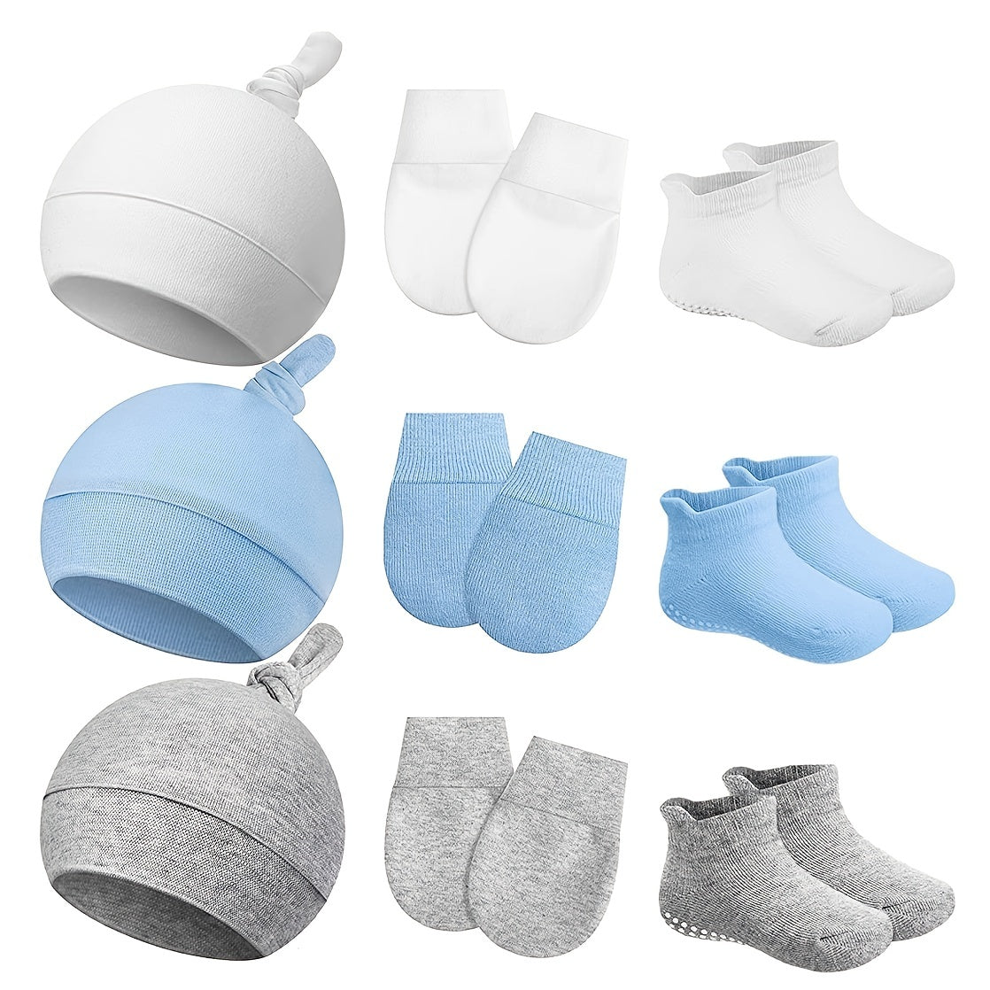 3pc Newborn Baby Hat & Mittens & Socks Soft Cotton Beanie Knot For 0-6 Months