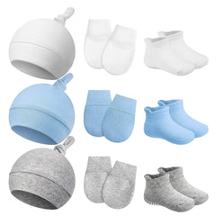 3pc Newborn Baby Hat & Mittens & Socks Soft Cotton Beanie Knot For 0-6 Months