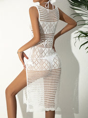 Crochet Cover Up Dress High Stretch Split Thigh Round Neck