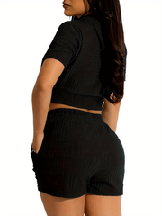 Casual Solid Two Piece Shorts Set Zip Up Hooded Crop Top & Drawstring Shorts
