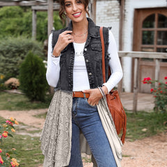 Washed Denim Vest Jacket With Lace Embroidery