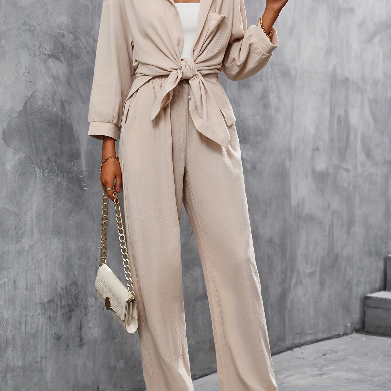 2-Piece Solid Button Up Blouse & Wide Leg Pants Set