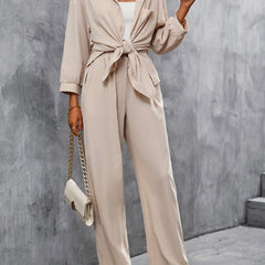 2-Piece Solid Button Up Blouse & Wide Leg Pants Set