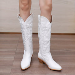 Embroidered Knee High Boots V cut Chunky Heeled Western Boots