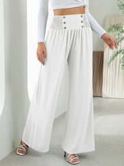 Smocked Waist Wide Leg Pants Solid Elastic Long Length
