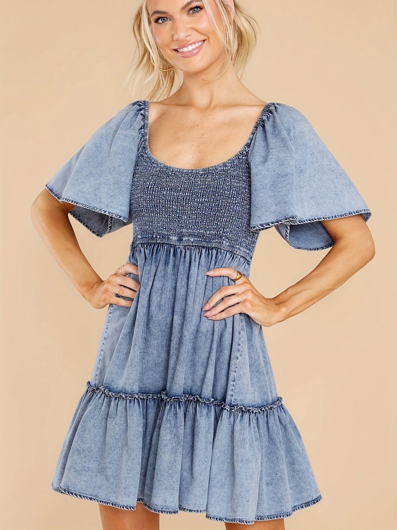 Short Sleeves Denim Dress Smocked Round Neck