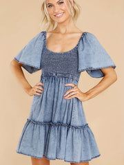 Short Sleeves Denim Dress Smocked Round Neck